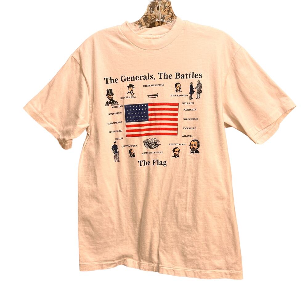 Vintage Hanes Beefy T  Civil War Graphic White T-Shirt Generals Battles, Flag